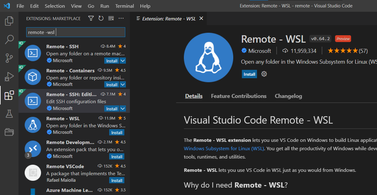 Installing remote WSL extension VSCODE